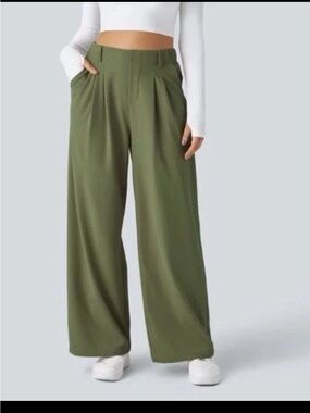 Halara Flex Waffle High Waist Wide Leg Work Pants Womens M Green Career Office